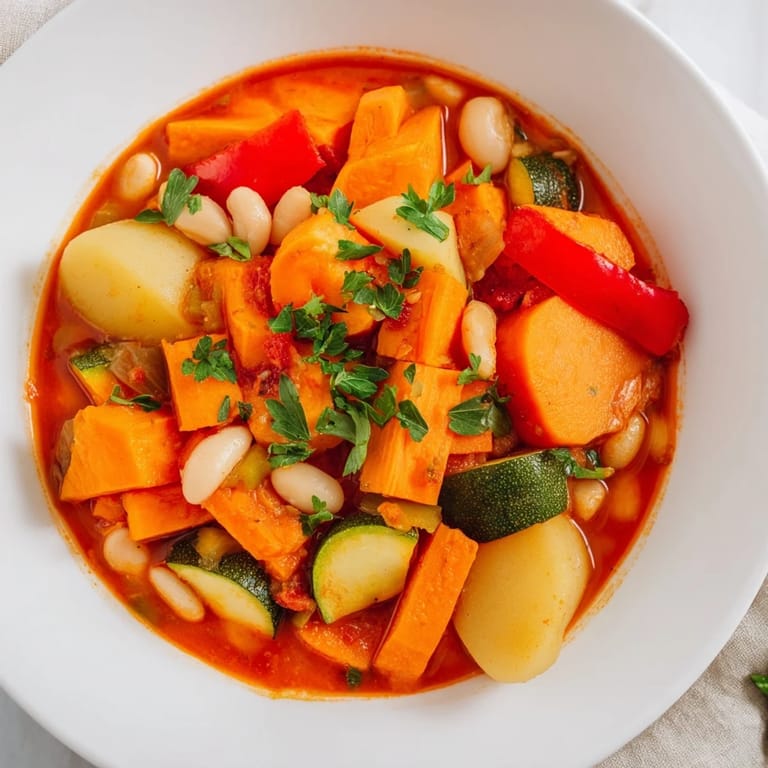 Enjoy a nourishing, steaming bowl of Hearty Vegan Sweet Potato Stew, offering a hearty, flavorful meal.