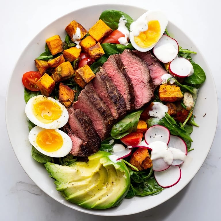 Tender sliced beef, creamy avocado, and egg star in this high-protein beef avocado bowl.