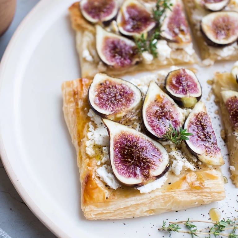 Warm, bubbling puff pastry truffle pizza with figs and goat cheese, perfect for a gourmet snack.