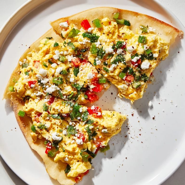 A close-up of delicious Turkish Menemen Eggs Pizza, with fresh parsley and bubbly cheese on top.