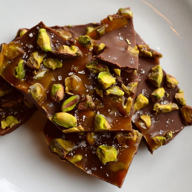 Golden caramel coats the Pistachio Salted Caramel Bark, topped with crunchy pistachios and salt flakes.