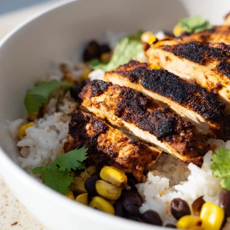 Die obige Rezeptur für ein Spicy Chicken Burrito Bowl zeigt geröstete Avocado-Scheiben und Käsehaufen über würziger Tex-Mex-Küche, serviert mit frischer Salsa und Limettenkeilen.
