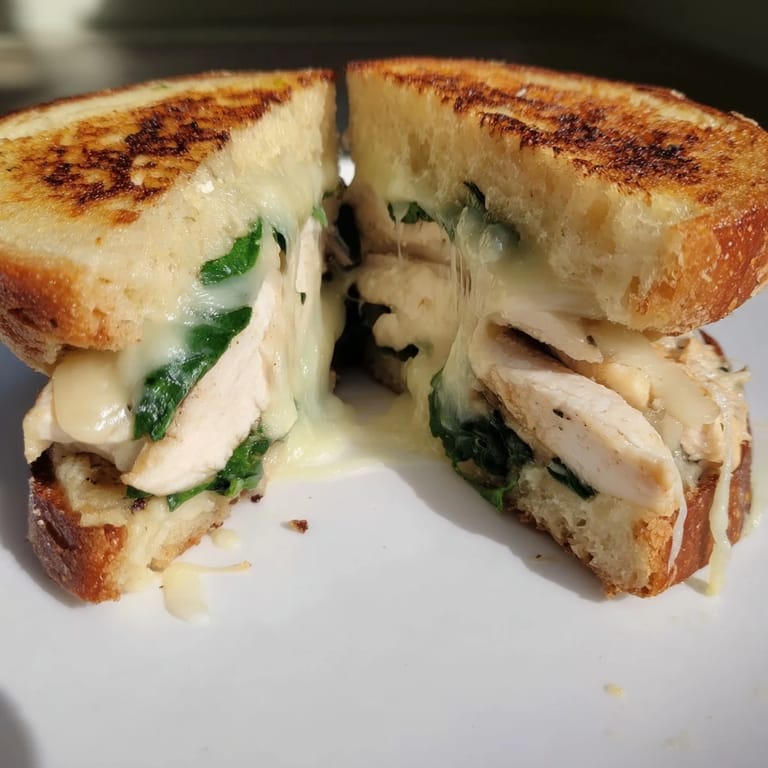 Saftige Grilled Chicken Spinach Panini, gerade aus dem Panini-Press, mit Knoblauchbutter und Mozzarella.