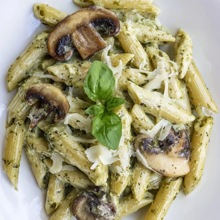 Duftende Mushroom Pesto Pasta garniert mit frischen Basilikumblättern und geriebenem Parmesan.  
