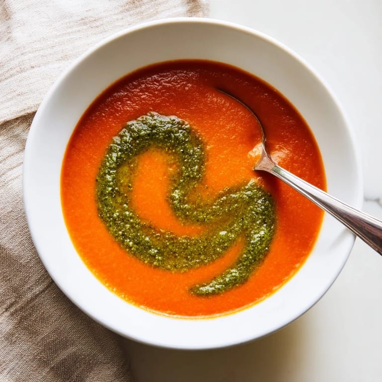 A close-up of velvety tomato soup crowned with a vibrant swirl of fresh green basil pesto.