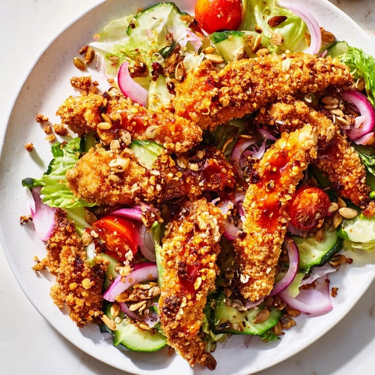 Goldene Hähnchenstreifen aus dem Ofen mit glasierter scharfer Honig-Drizzle auf knackigem Salat und Kürbiskernen.