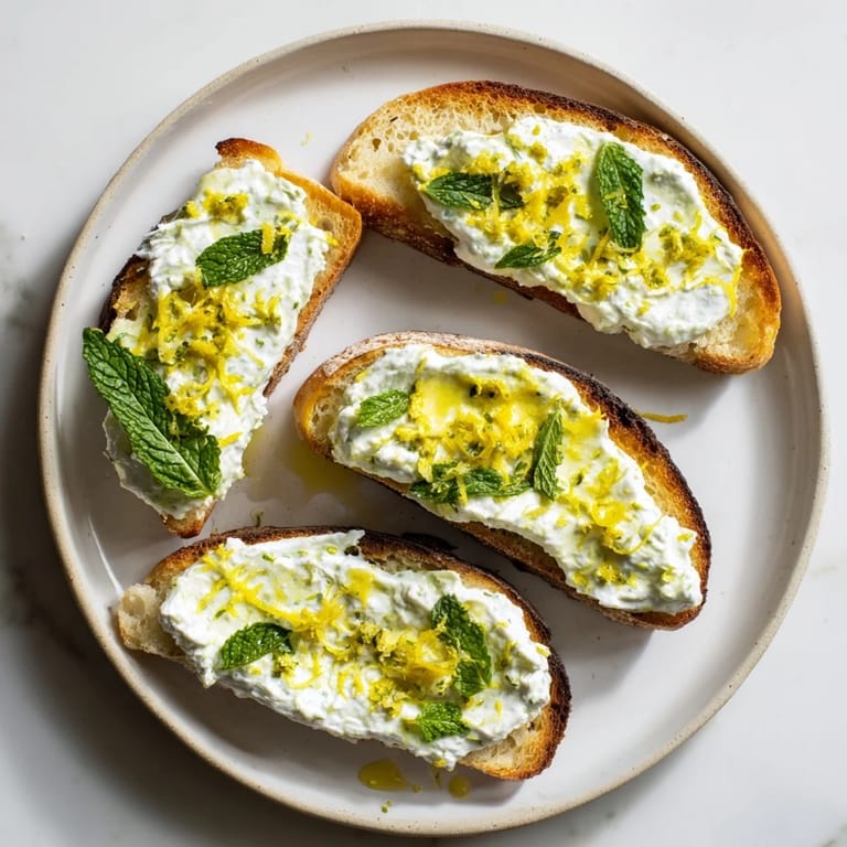 Frische Pea & Mint Ricotta Toasts auf Sauerteig, perfekt für Brunch oder Frühstück.