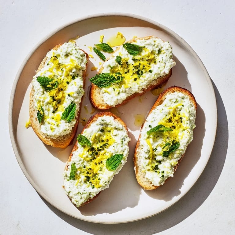 Genieße Pea & Mint Ricotta Toast, belegt mit Erbsen, Minze und Olivenöl.