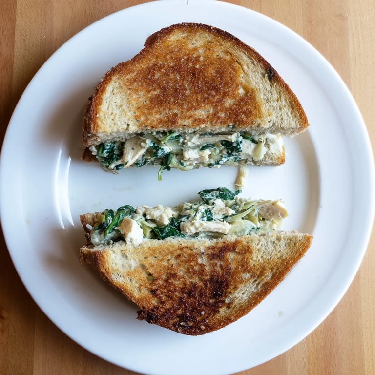Köstliches Artichoke Spinach Grilled Cheese sandwich mit cremigem Spinat-Artischocken-Füllung serviert.