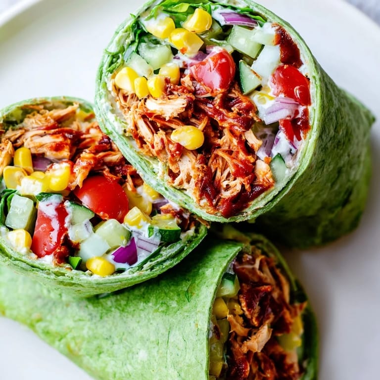 Ein halbierter BBQ Chicken Salad Wrap mit saftiger BBQ-Hähnchenfüllung, roten Zwiebeln und Romanasalat auf einer frischen Spinat-Tortilla.