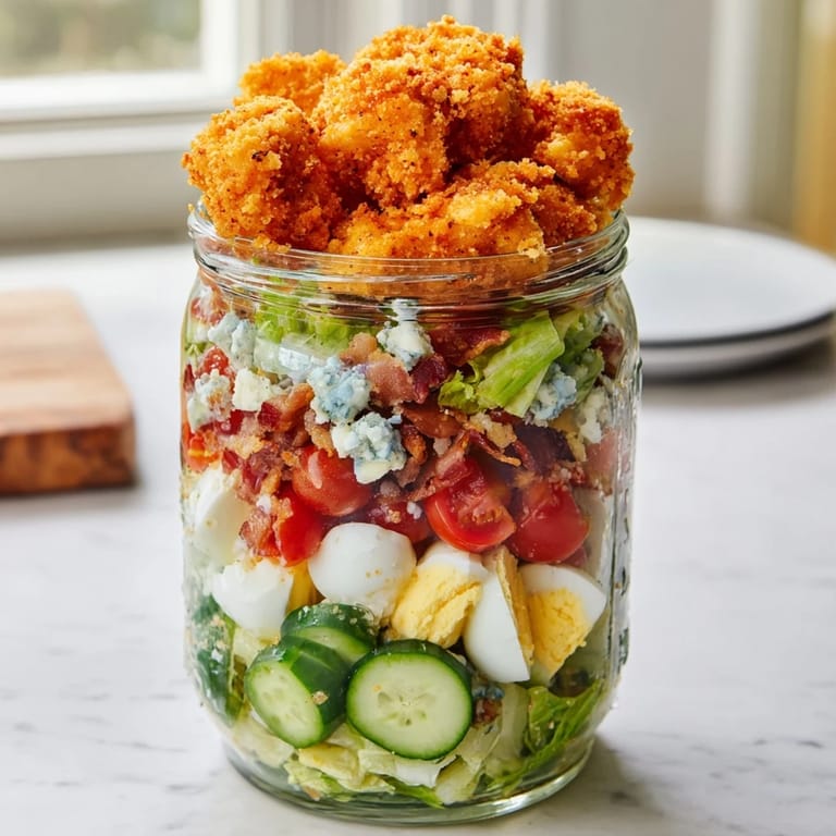 Ready-to-go Crispy Chicken Cobb Jar Salad featuring hard-boiled egg, tangy avocado, and a zesty homemade dressing for on-the-go meals.