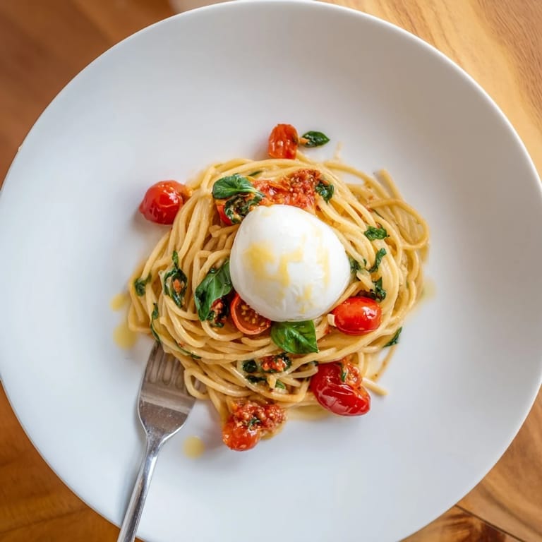 Burrata Caprese Pasta serving suggestion.