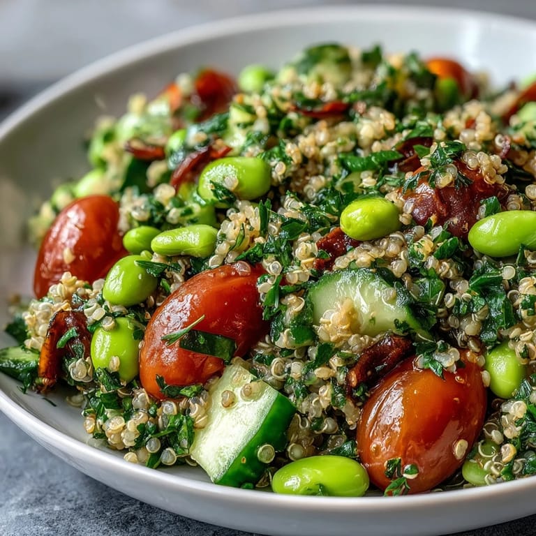 Edamame and Quinoa Salad in a rustic white bowl, garnished with crisp cucumber, red onion, and a sprinkle of chopped parsley and mint.