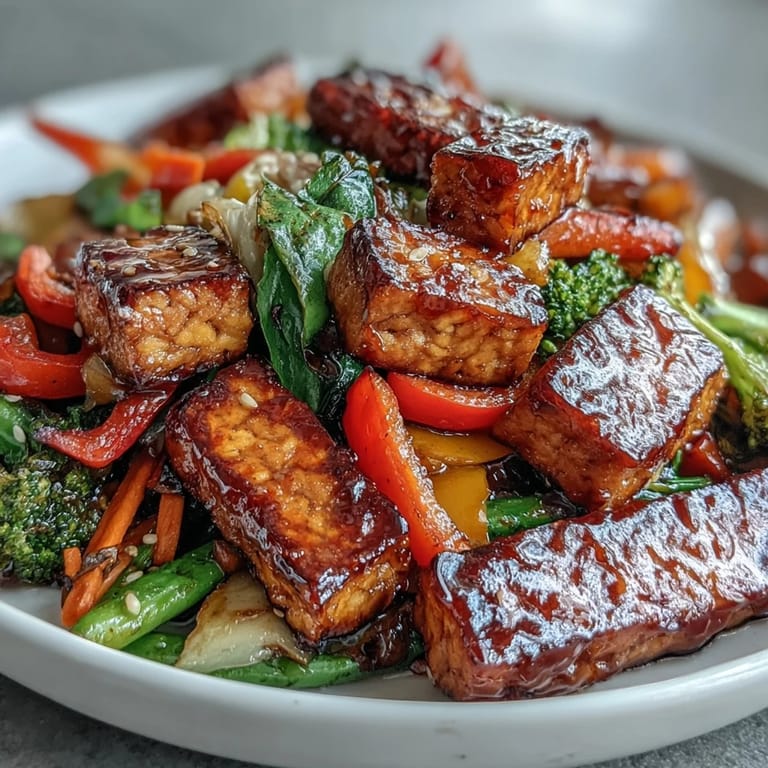 Hausgemachte Gemüse Tempeh-Pfanne mit duftenden Gewürzen und zartem Tempeh.
