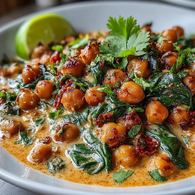 Hausgemachtes, veganes Kichererbsen-Curry, voller Gewürze und Garnelen.