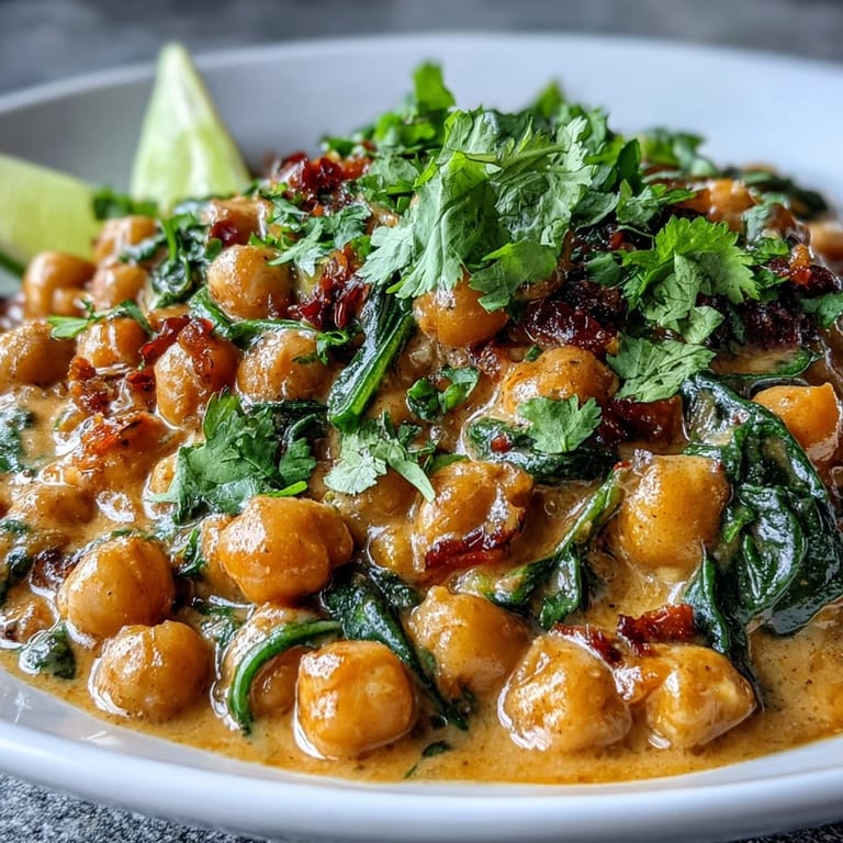 Herzhaftes Kichererbsen-Curry mit Kokosmilch, eine einfache und schnelle Mahlzeit.