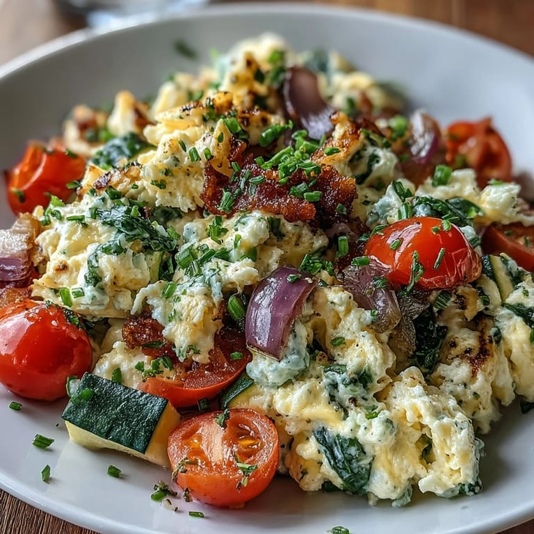 A bright serving of Egg and Vegetable Scramble topped with fresh herbs on a plate.