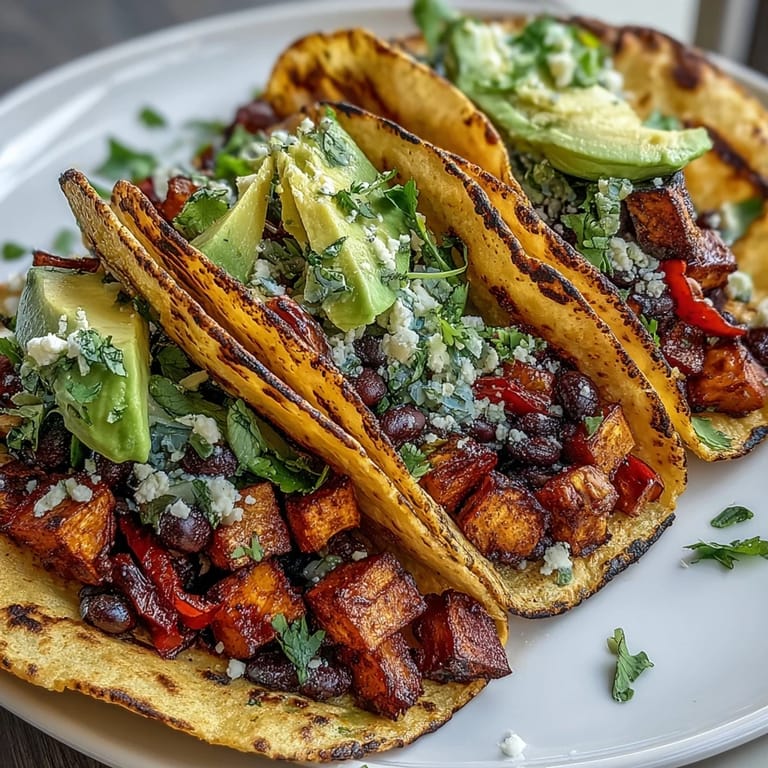 Roasted sweet potatoes and black beans stuffed into warm corn tortillas, topped with fresh cilantro, avocado, and creamy vegan sour cream.