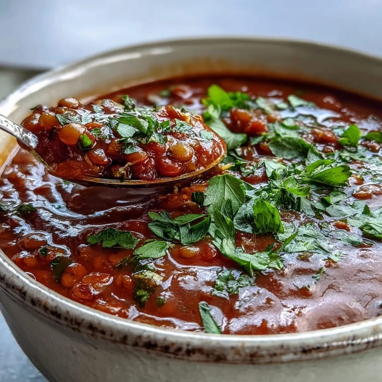 Homemade Tomatensuppe mit Linsen wird frisch angerichtet, üppig garniert mit Petersilie, ideal für ein schnelles, proteinreiches Mittag- oder Abendessen.