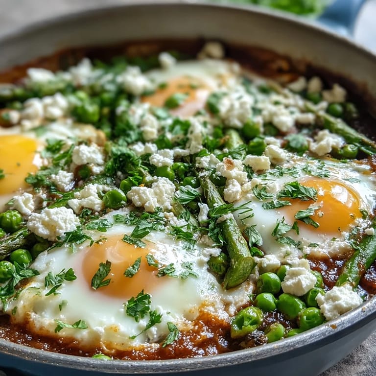 Sonnengekochte Pea and Broad Bean Shakshuka auf Ofenfrischbrot mit Minze und glasierter Paprika