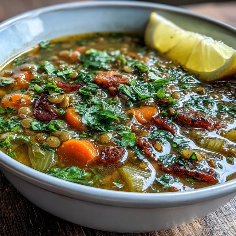 Herzhafte Mung-Bohnen-Suppe mit Zitrone und frischer Petersilie serviert.