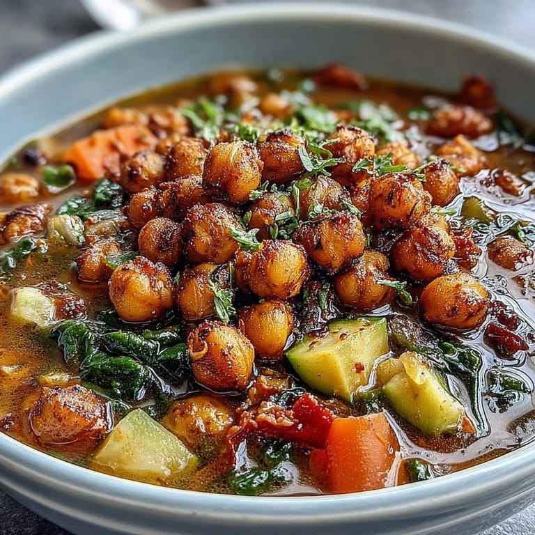 Steaming bowl of Spiced Chickpea and Vegetable Soup topped with crispy chickpeas and fresh herbs.