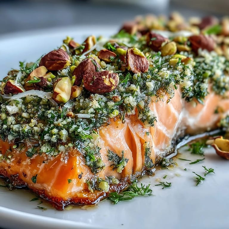Konfitiertes Lachsfilet mit cremiger Tahini-Pistachien-Herbs-Kruste auf einem hellen Teller für das Mittagessen.