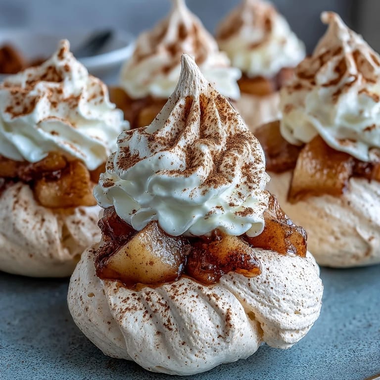 Knusprige Mini Hot Toddy Pavlovas befüllt mit spitzer Schlagsahne und saftigen Whisky-Birnen, bestreut mit einer Prise Zimt für den perfekten Herbstgenuss.