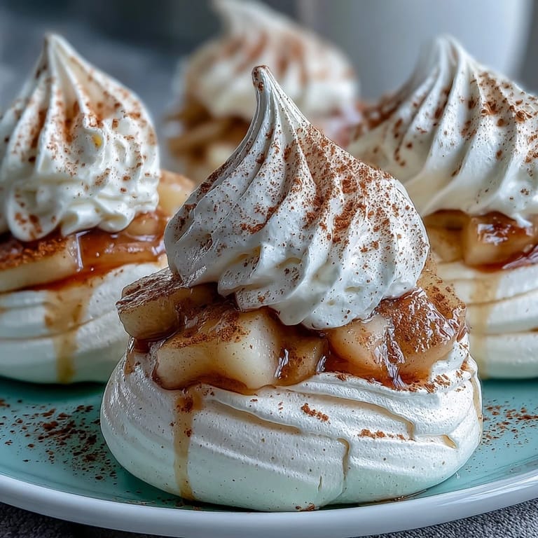 Elegante Mini Hot Toddy Pavlovas: Luftige Meringue-Nester mit whisky-infundierten Birnen und weicher Sahne, ein perfektes Dessert für kalte Abende.