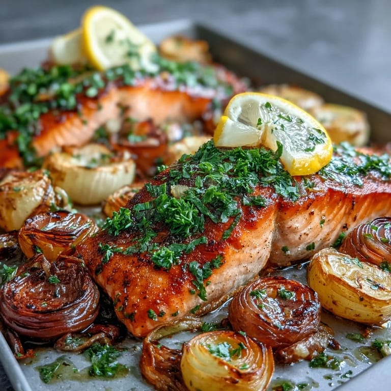 Tender roasted salmon with caramelized leeks and red onions, topped with a zesty parsley dressing and lemon slices over steamed rice.