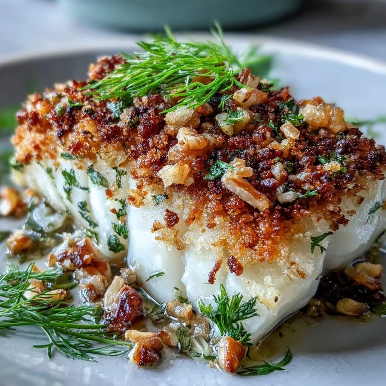 Geröstete Walnüsse und frische Zitronenscheiben schmücken dieses köstliche Baked Halibut Rezept mit Fenchel und knuspriger Kruste.