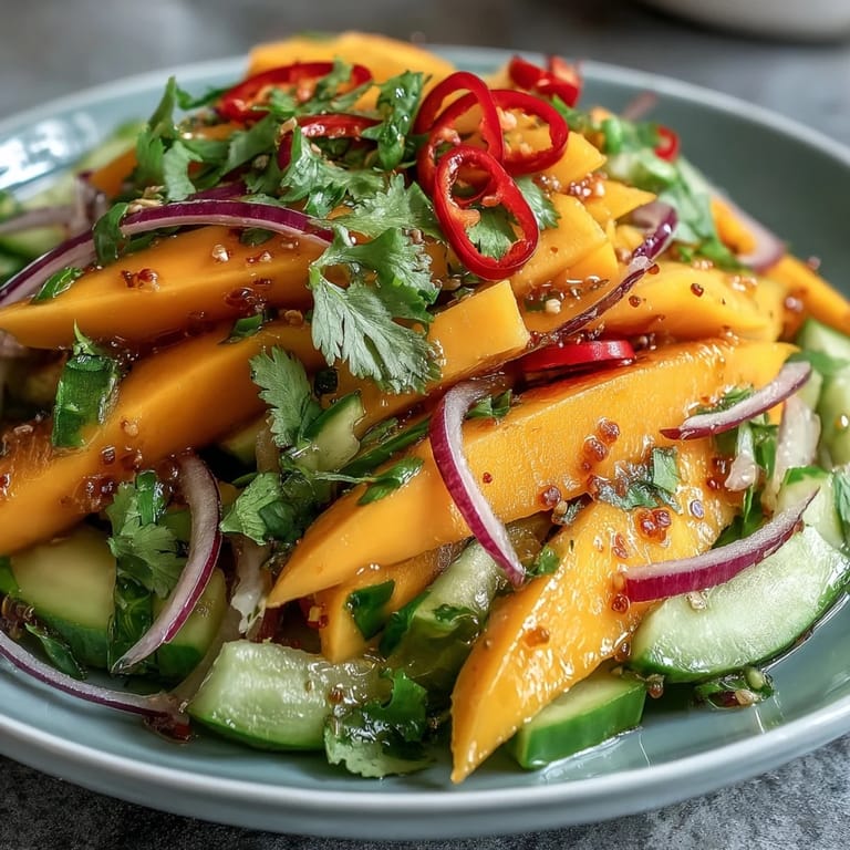 Genieße diesen Mangosalat mit Limetten-Dressing: Saftige Mango auf Crunchy Gurken, belegt mit Koriander für den perfekten Summer-Snack.