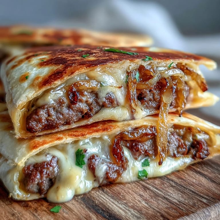 Saftige Rinder-Patties und Käse überbacken in einem Cheesy Griddled Smashburger Quesadilla auf Teller serviert.