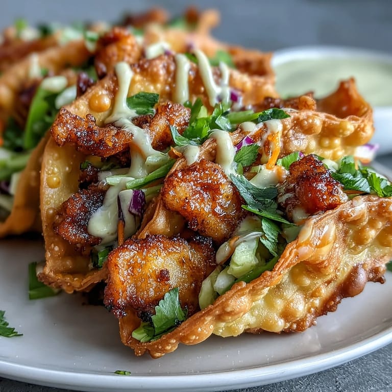 Genussvoll belegte Crispy Chicken Wonton Tacos mit Slaw und Limetten auf Holztisch
