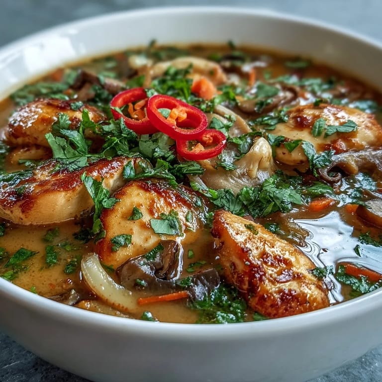 Scharfe Thai Coconut Curry Suppe garniert mit Koriander, Frühlingszwiebeln und Limettenspalten im Keramikschalen.