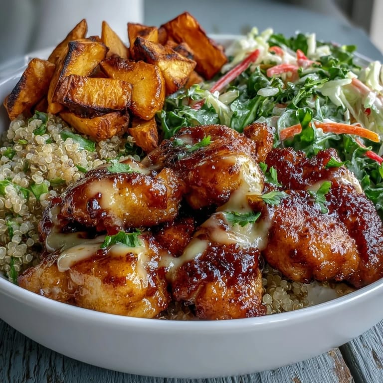 Colorful Hot Honey Chicken Bowl garnished with avocado and herbs, ready for serving.