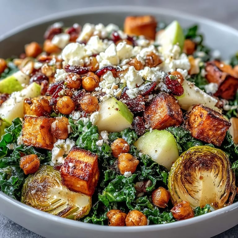 Farbenfroher Fall Harvest Bowl mit geroastetem Gemüse, frischen Apfel- und Selleriestreifen, gehobelter Mandeln und einer cremigen Feta-Glasur.