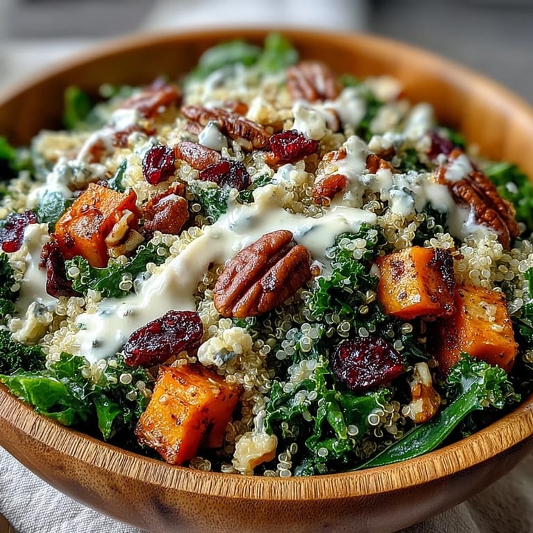 Harvest Kale Quinoa Bowl mit cremigem Blauschimmelkäse, goldbraunen Süßkartoffelwürfeln und nussigen Pekannüssen.