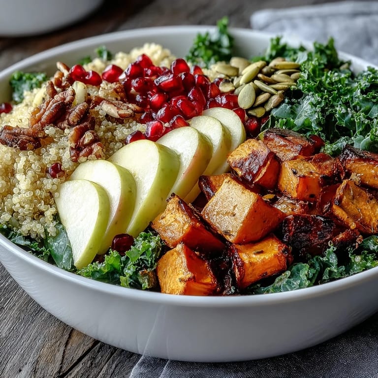 In den USA beliebtes Kale Harvest Grain Bowl mit frischen Apfelstücken, cremigem Quinoa und einer tangigen Apfelessig-Dressingnote.