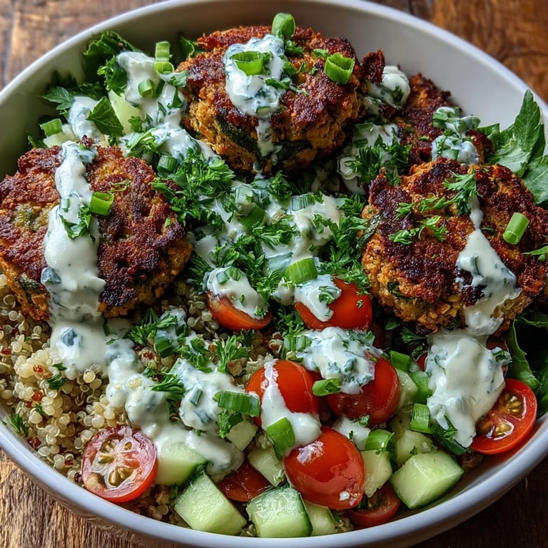 Fresh parsley and cilantro fleck the golden falafel in this wholesome falafel quinoa salad bowl, paired with zesty lemon.