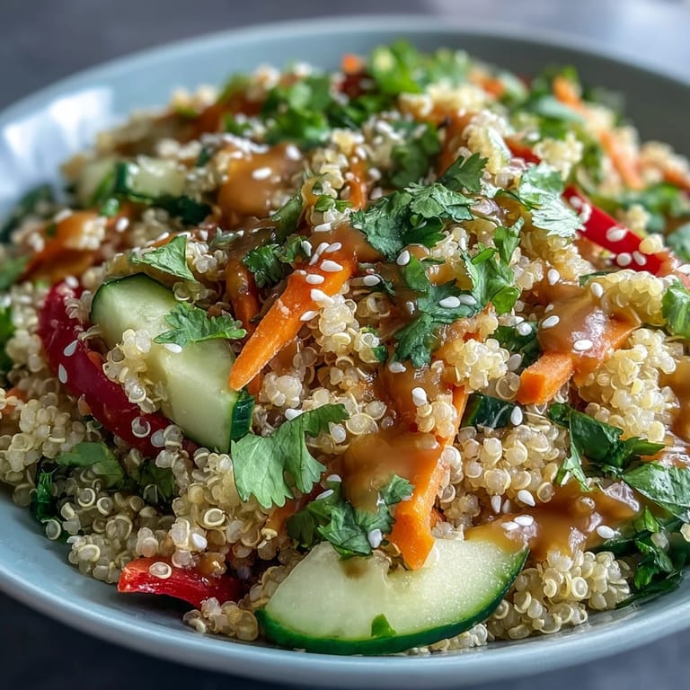 Healthy Thai Coconut Quinoa Bowl garnished with sesame seeds and edible flowers, a nutritious and satisfying meal.