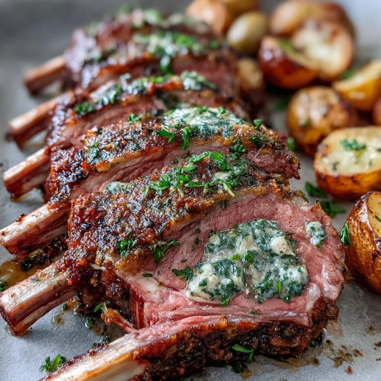 Zarte Lammkarree mit grünen Olivenkartoffeln, ideal für ein romantisches Dinner für zwei.