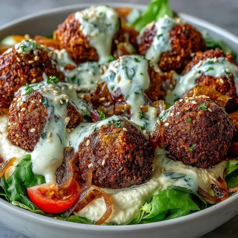 A delicious homemade Falafel Bowl garnished with parsley and toasted sesame seeds ready to serve.