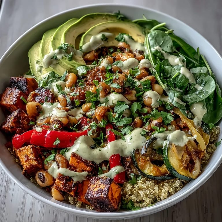 Frisch zubereitete Black-Eyed Pea Buddha Bowl, angerichtet auf quinoa-basis mit cremiger tahini-soße und grünem spinat.