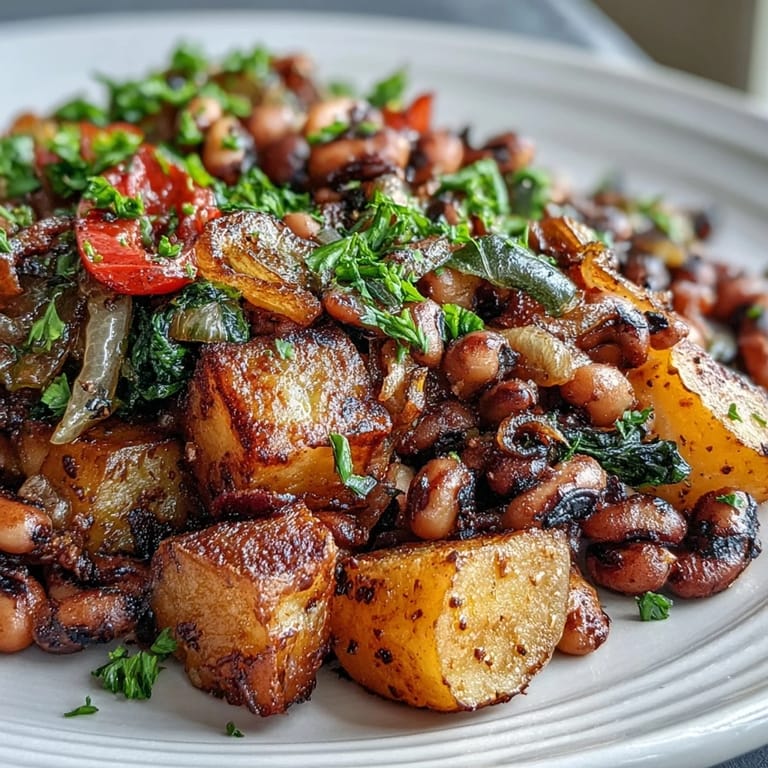 Herzhafter Black-Eyed Pea Hash auf weißem Teller, vermischt mit buntem Gemüse und Gewürzen, ideal neben Spiegelei.