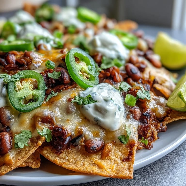 Black-Eyed Pea Nachos baked golden, topped with sour cream, tomato, and cilantro