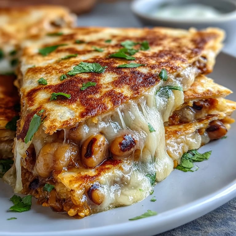 Eine überbackene Black-Eyed Pea Quesadilla mit goldbrauner Kruste und würziger schwarzaugiger Erbsen-Füllung auf einem Holztisch