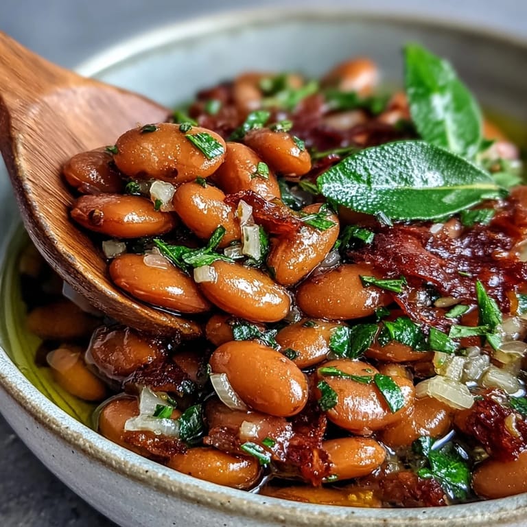 Hausgemachte Pinto Bohnen als würzige Chili-Basis, cremig angerichtet mit saftigen Tomaten und Gewürzen.