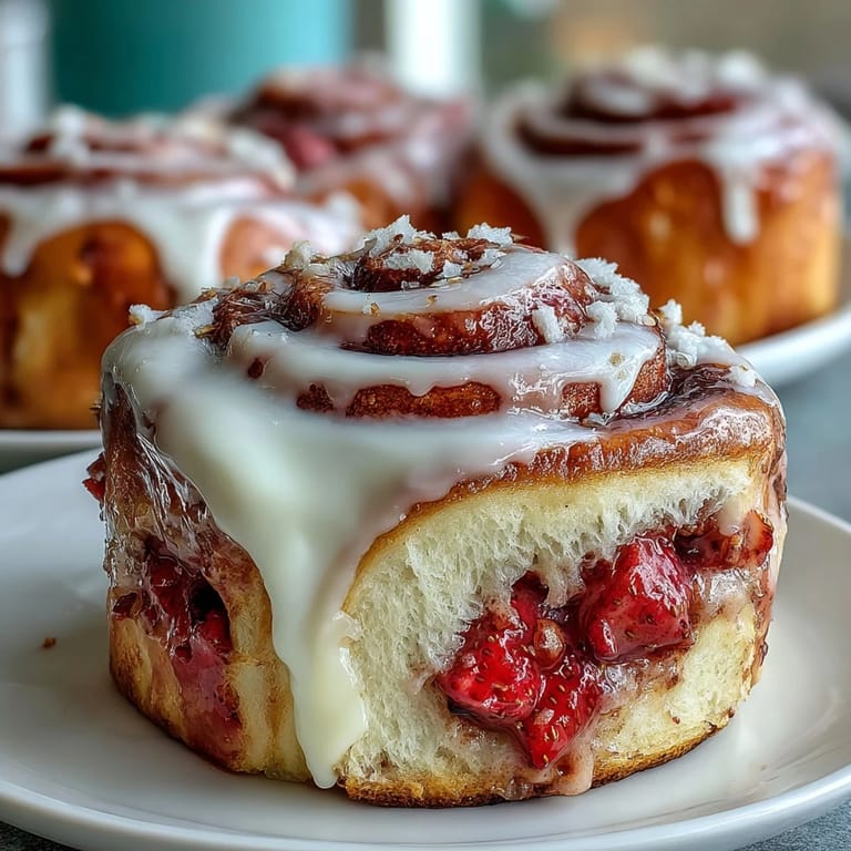 Vorgewärmte Strawberry Cinnamon Rolls auf Backpapier mit roter Füllung und Glasur.