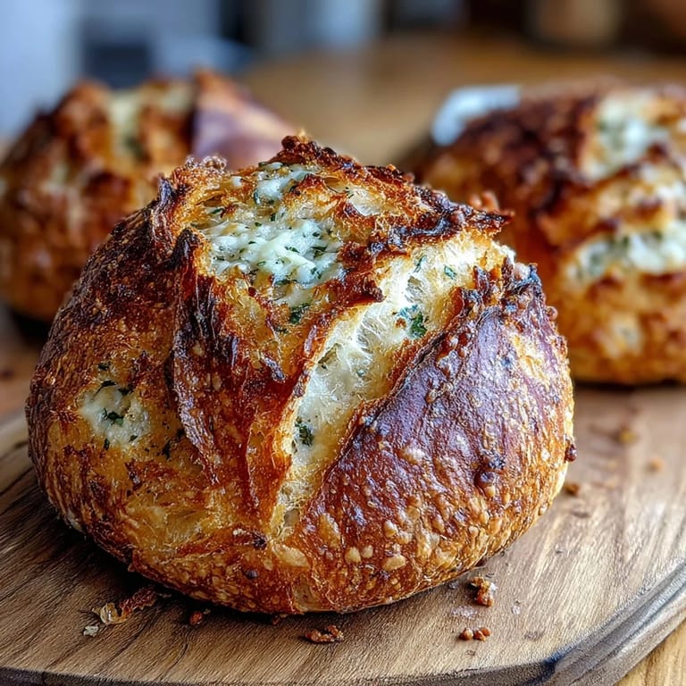 A rustic round loaf of Perfect Parmesan Garlic Artisan bread sits beside a warm soup bowl.